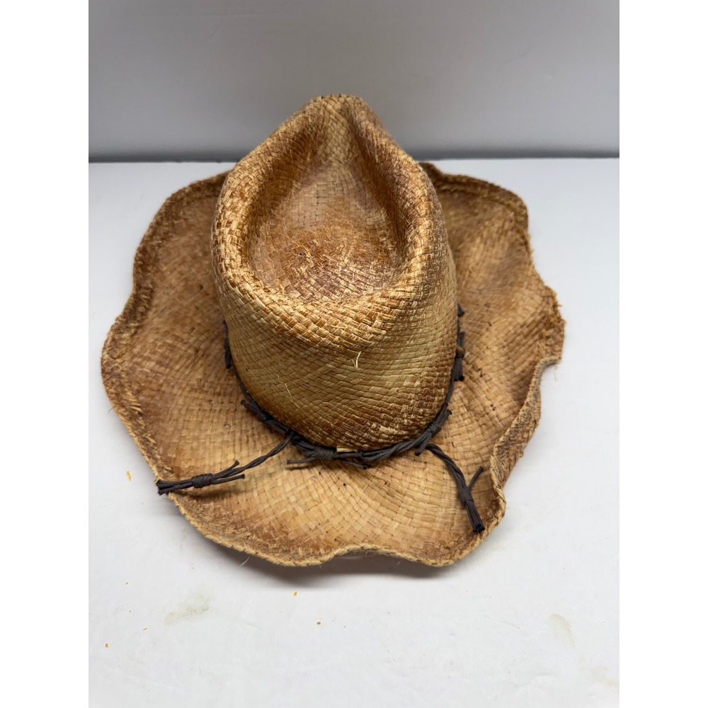 Unbranded Woven Straw Cowboy Hat Distressed Frayed Brim Wire Band Tan OSFM